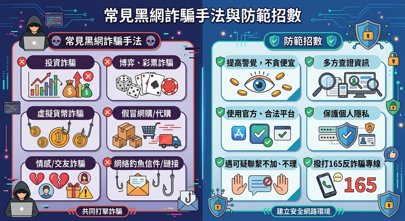 這張圖表分為兩部分,左側以暗色調和警示圖標列出常見的網路詐騙手法,右側則以亮藍色調和安全盾牌展示對應的防範招數。 整體採用簡潔明瞭的向量插圖風格,透過鮮明的對比幫助讀者快速掌握防範網路詐騙的核心知識。