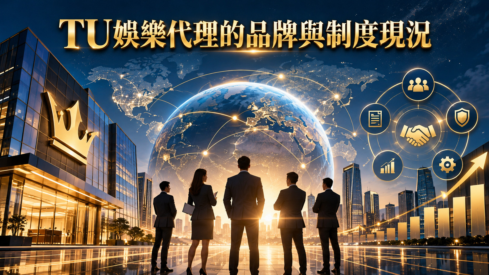 圖片以深藍與金色呈現TU娛樂代理的品牌形象,結合全球網絡、商業大樓與團隊合作元素,展現品牌發展與市場布局。 透過握手、制度文件、數據圖表及成長箭頭等視覺符號,突顯代理合作架構、管理制度與營運模式的核心概念。