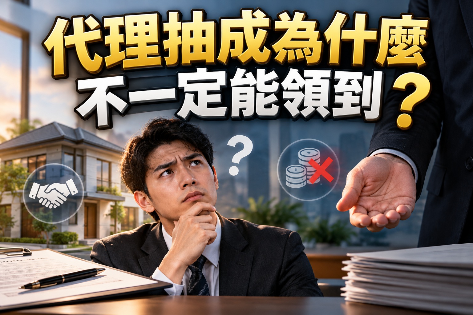 圖片呈現代理人面對抽成無法順利領取的困惑,搭配合約文件、金幣與紅色叉號,突顯佣金發放的不確定性。 透過人物疑惑的神情與醒目標題,提醒代理人留意抽成計算方式、結算條件及潛在的領取限制。